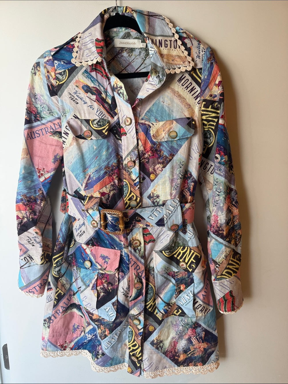 Zimmermann Multicolor Travel-Print Belted Trench Coat